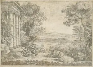 Claude Gellée, dit Claude Lorrain (1600 – 1682) Argus et Mercure, 1662 Eau-forte, retouches à la plume et encre brune État contre-épreuve de l'état I/III, 160 x 220 mm Cabinet d’arts graphiques des Musées d’art et d’histoire, acquis avec l’aide de la Société des Amis du Musée, Jean Bonna, Pierre Darier, Philippe et Catherine Pulfer Inv. E 2011-0145 © Cabinet d’arts graphiques du MAH, Genève