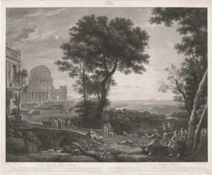 François Vivares (1709 — 1780) Dans le Palais Pamfili à Rome: Grand sacrifice annuel au temple d'Apollon dans l'île de Delos, 1764 D’après Claude Gellée, dit Claude Lorrain Eau-forte et burin Cuvette : 494 x 608 mm, feuille : 505 x 617 mm Inv. E 2011-0362 © Cabinet d’arts graphiques du MAH, Genève Photo : André Longchamp 8.