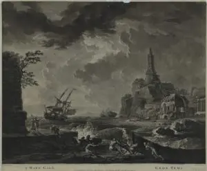 Robert Laurie (1755 — 1836) Gros temps (titre anglais : A hard gale), 1773 D’après Claude-Joseph Vernet, édité par Robert Manière noire et eau-forte; état I/II Feuille : 472 x 567 mm Don Léon Picot Inv. E 2011-1785 © Cabinet d’arts graphiques du MAH, Genève Photo : André Longchamp