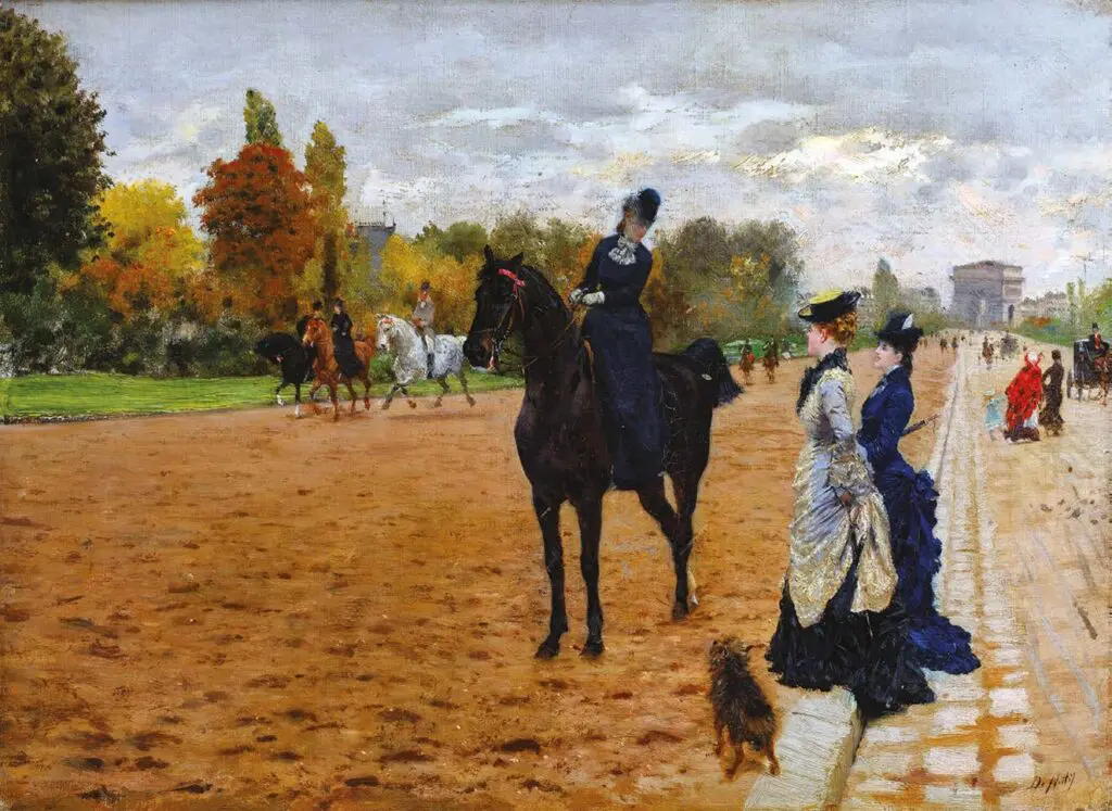 L’Amazone au Bois de Boulogne, vers 1875 Huile sur toile, 31,5 x 42,5 cm Museo delle Raccolte Frugone, Gênes-min