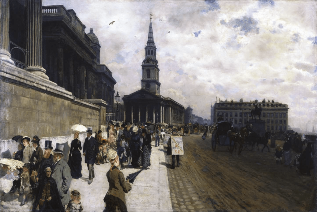 La National Gallery et l’église St Martin à Londres, 1878 Huile sur toile, 71 x 105,5 cm Petit Palais, musée des Beaux-Arts de la Ville de Paris ©-min