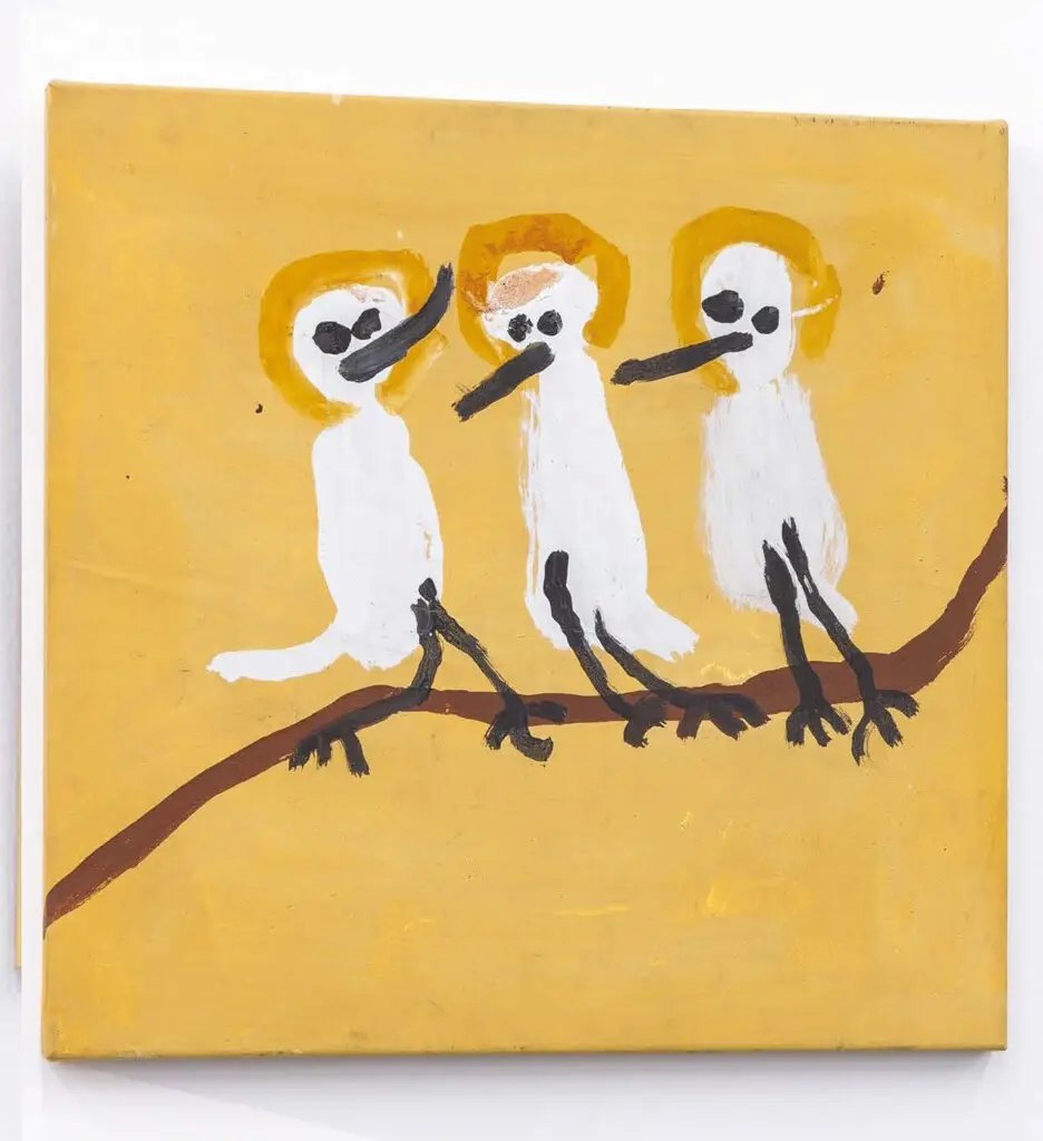 Patsy Lulpunda Anguburra (c. 1898-2000) Trois oiseaux sur une branche, 2000 Acrylique sur toile de coton © Tous droits réservés