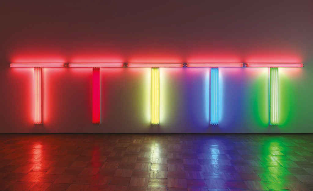 Untitled (to Don Judd, colorist) 1-5, 1987 Lumière fluorescente 122 x 122 x 10 cm © Stephen Flavin  2024, ProLitteris, Zurich Panza Collection, Mendrisio © Photo  Alessandro