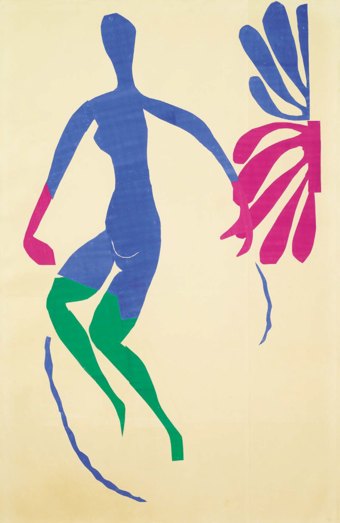 Nu bleu aux bas verts 1952 Papiers peints à la gouache et découpés sur papier sur toile 258x167cm Fondation Louis Vuitton Paris © Succession H Matisse 2024 ProLitteris