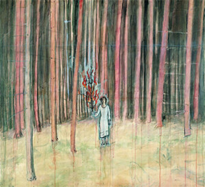 Mann im Wald [Homme dans la forêt], 1971 Acrylique sur toile de coton 174 x 189 cm Collection particulière, San Francisco © Ian Reeves