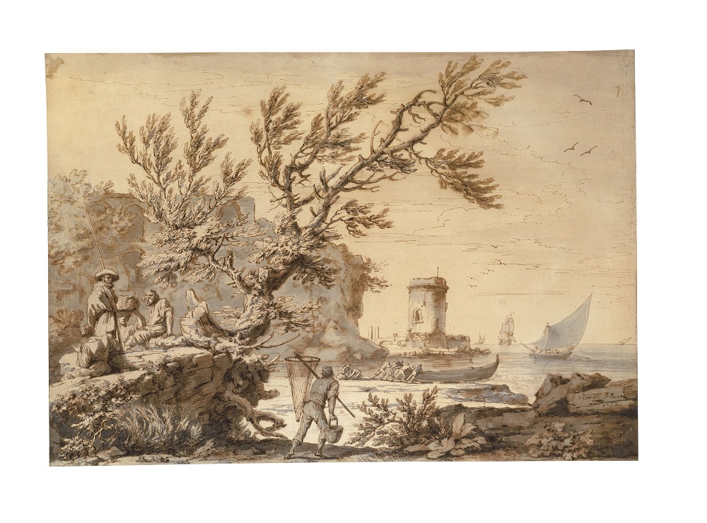 Claude-Joseph Vernet (1714 — 1789) Vue de bord de mer, avec des pêcheurs, 1754 Plume et encre brune, lavis d'encre brune et grise Feuille : 378 x 541 mm, cadre : 51,2 x 67,8 mm Genève, Collection Jean Bonna