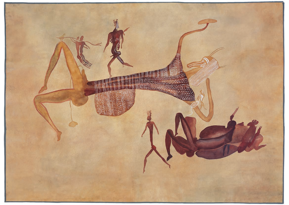 Silhouette couchée portant un masque à cornes, Zimbabwe, Rusape, Diana’s Vow, 1929, Agnes Schulz, aquarelle sur papier, 105,5 x 147 cm © Frobenius-Institut