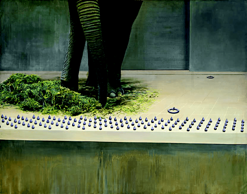 Éléphants et clous, 1970 Huile sur toile, 195x250cm Collection particulière © Adagp, Paris, 2023