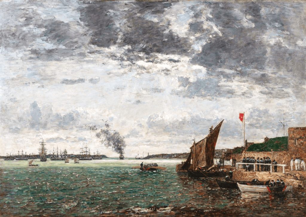 Brest. Débarquement des marins dans la rade, 1870 Huile sur toile, 86,5 x 121 cm Collection privée-min