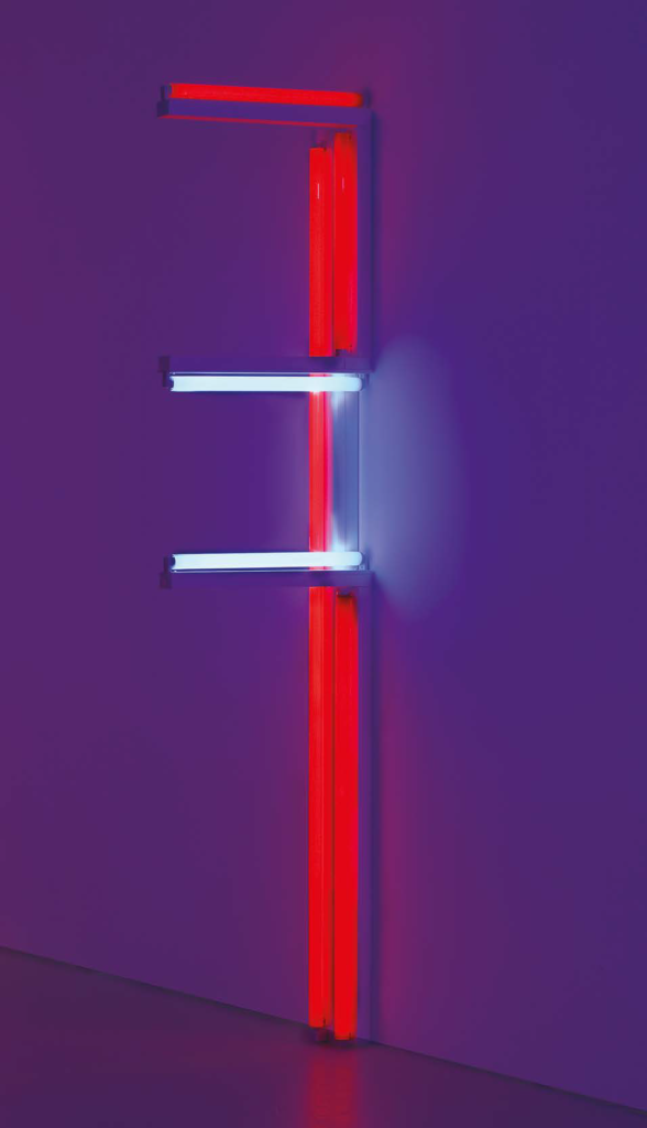 Untitled (for John Heartfield) 3c, 1990 Lumière fluorescente rouge et bleue, 244 x 20 x 61 cm © Stephen Flavin  2024, ProLitteris, Zurich The Dan Flavin Estate, courtesy of 