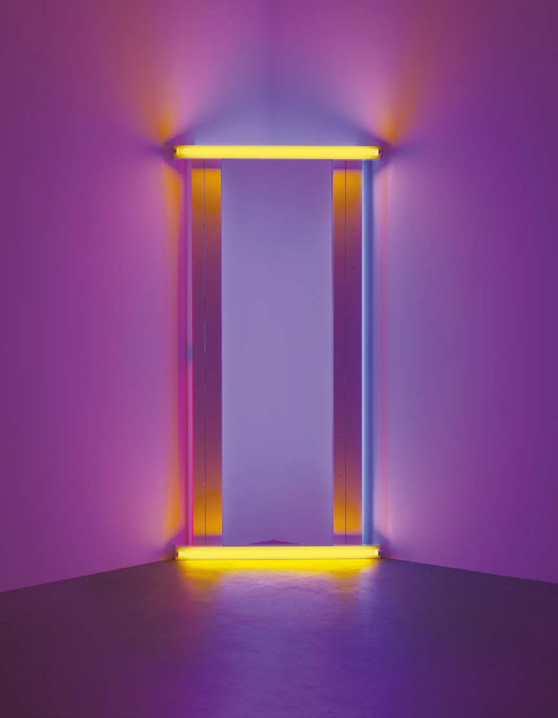 Untitled (to Barnett Newman) one, 1971 Lumière fluorescente jaune, rouge et bleue, 44 x 122 x 18 cm © Stephen Flavin  2024, ProLitteris, Zurich Collection Carré d’Art-Musée 
