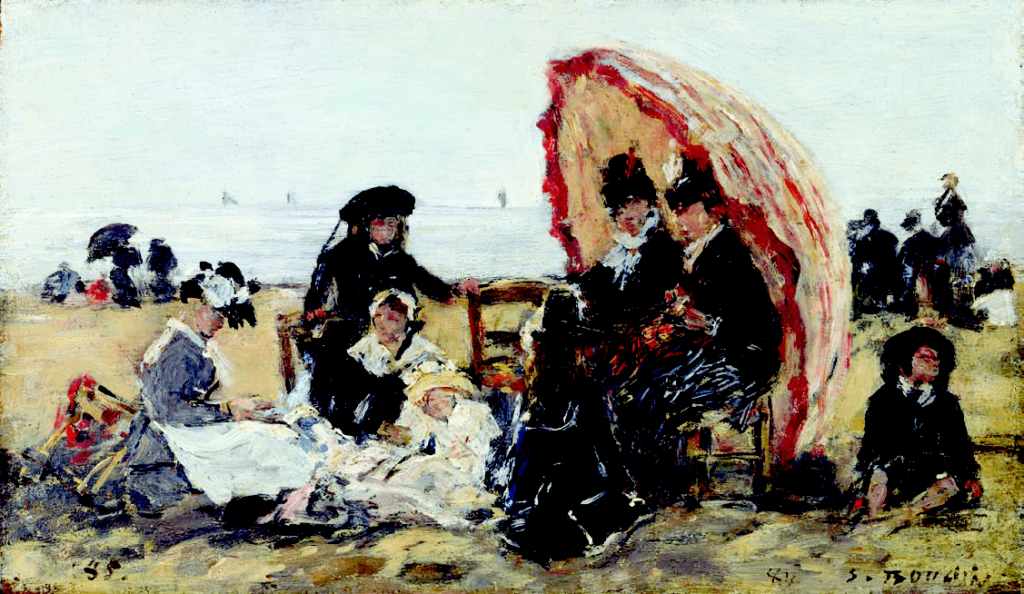 Eugène Boudin Sur la plage de Trouville, à l’abri du parasol rouge, 1885 Huile sur panneau, 13,7 x 23,5 cm Museum Langmatt, Bad