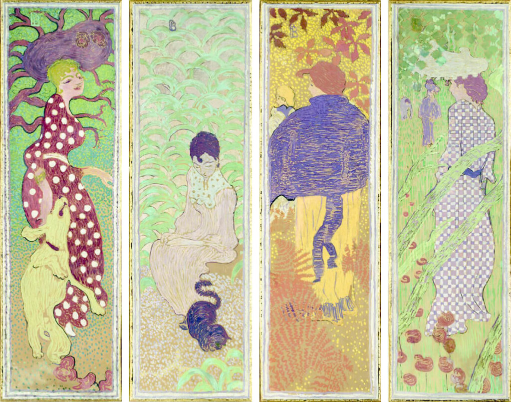 Femmes au jardin Femme à la robe à pois blancs Femme assise au chat Femme à la pèlerine Femme à la robe quadrillée, 1890-1891 Détrempe à la