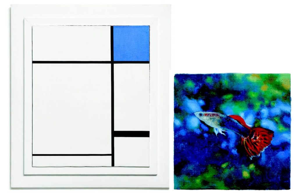 Marlow Moss White, Black and Blue, 1931 --- Francisco Sierra 1 of 48 Guppy paintings, 2024