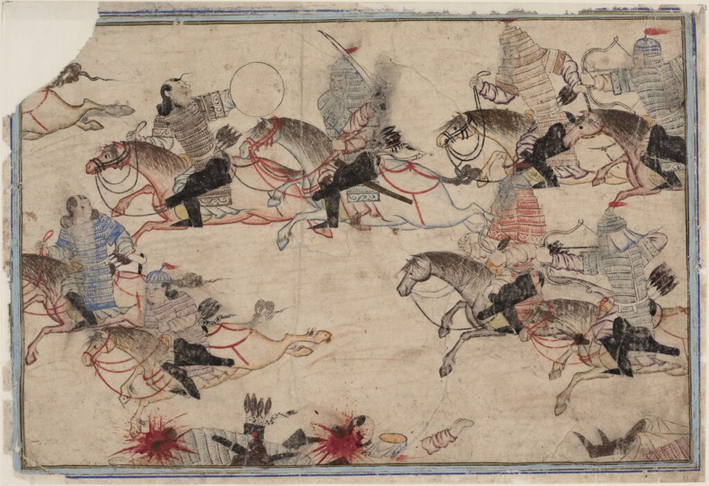 Guerriers mongols au combat, premier quart du XIV e siècle, acquis par Heinrich Friedrich von Diez (1751–1817) à Istanbul, Staatsbiblio - thek zu Berlin – Preussischer Kulturbesitz, Orientabteilung