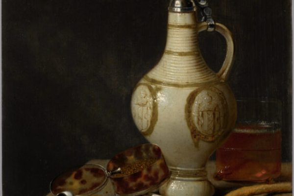 Jan van de Velde III (Haarlem 1620 – 1662 Enkhuizen or Amsterdam) Nature morte avec une cruche en terre cuite, une boîte à tabac en écaille de tortue, une pipe "Gouda", un verre de bière et des instruments pour fumer le tabac, 1658. Huile sur panneau, 38,1 x 29,8 cm