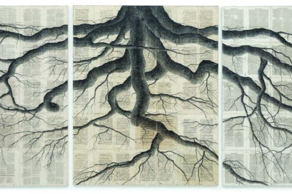Tindar, Prise de conscience sur les
religions, 2017, crayon sur pages
anciennes, 207 x 350 cm