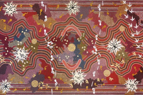 Clifford Possum Tjapaltjarri
(v.1932-2002, Australie)
Groupe linguistique : Anmatyerre
Yuutjutiyungu / Territoire
autour du Mont Allan, 1997
Acrylique sur toile de lin
© 2020, ProLitteris, Zurich.
Photo : © Vincent Girier-Dufournie