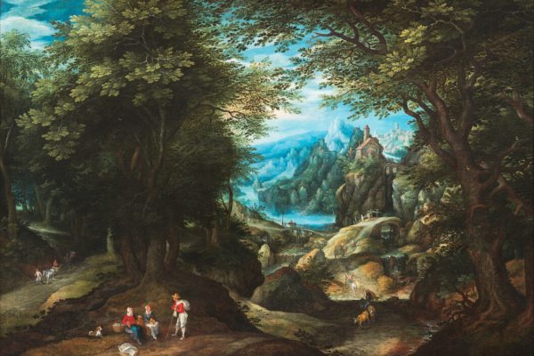 Denijs VAN ALSLOOT (1570-1628)
avec la participation de l’atelier de Jan Brueghel l’Ancien (1568-1625) pour les figures
Paysage boisé s’ouvrant sur une chaîne de montagnes, première décennie du XVIIe siècle
Toile – 117 x 173 cm