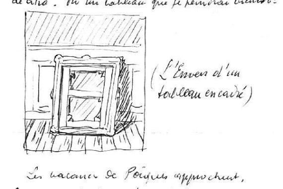 Ci-dessous
Partie d’une lettre de René
Magritte, écrite au crayon, où il est
question de trois tableaux
et de leur titre, signée RM
(Date inconnue).
