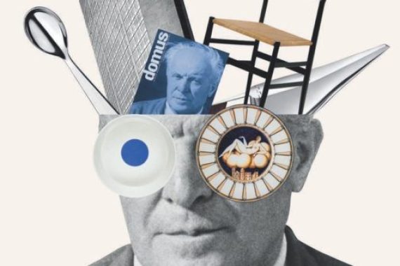 Affiche de la rétrospective signée Italo Lupi, avec un Gio Ponti fourmillant d’idées. On y reconnaît trois créations emblématiques, la chaise Superleggera, la tour Pirelli et la revue Domus.