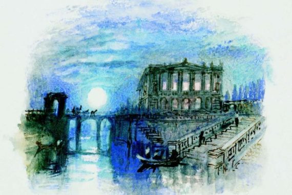 Une Villa. Clair de lune (Une villa un soir de bal) pour L’Italie de Samuel Rogers, vers 1826-
 1827, crayon et encre, graphite et aquarelle sur papier, 24,6 x 30,9 cm Tate, accepté par la nation dans le cadre du legs Turner 1856 
Photo © Tate